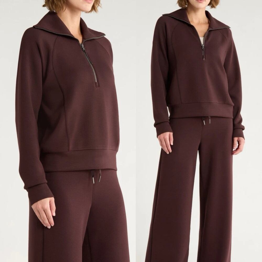 SPANX AirEssentials Half Zip Jacket Espresso Brown Sz Small Sporty chic Travel